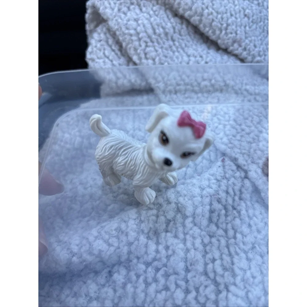 Barbie Doll Pet White Dog Brown Eyes Pink Bow No Collar Toy Pet Replacement Part